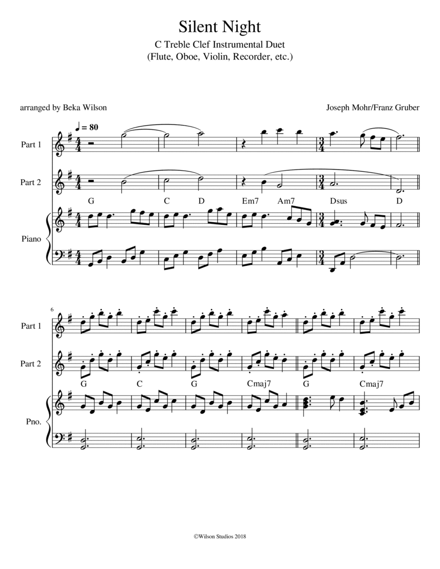 Silent Night--duet for C treble clef instruments (arr. Beka Wilson)