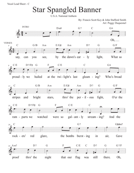 Star Spangled Banner (Key of C) (arr. Duquesnel Music Publishing)