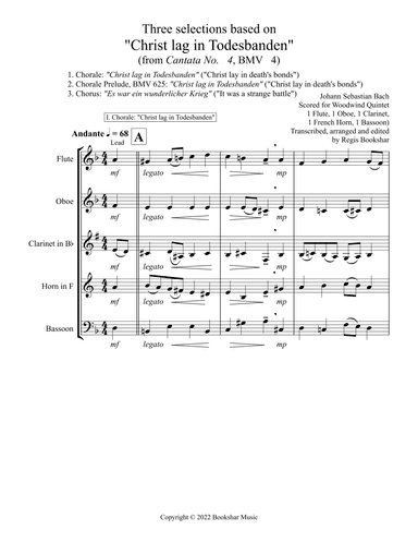 Three selections based on "Christ lag in Todesbanden" (Woodwind Quintet - 1 Flute, 1 Oboe, ...) (arr. Regis Bookshar)