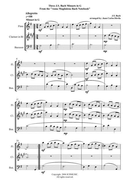 Three Bach Minuets for Woodwind Trio (Flute, Clarinet, Bassoon) (arr. Juan C. Davila)