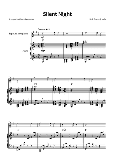 Silent Night - Soprano saxophone and piano with chord symbols (arr. Glauco Fernandes)