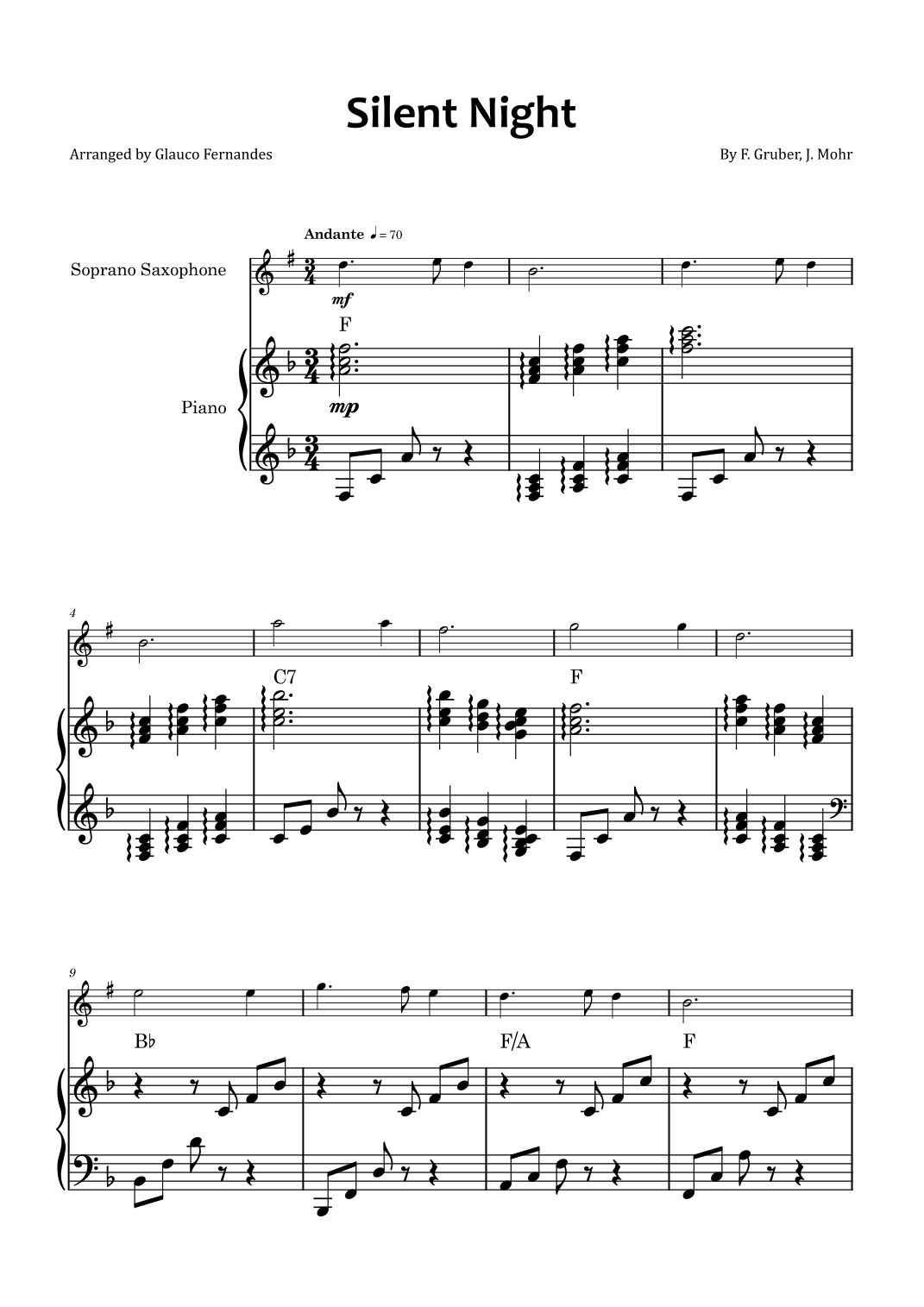 Silent Night - Soprano saxophone and piano with chord symbols (arr. Glauco Fernandes)