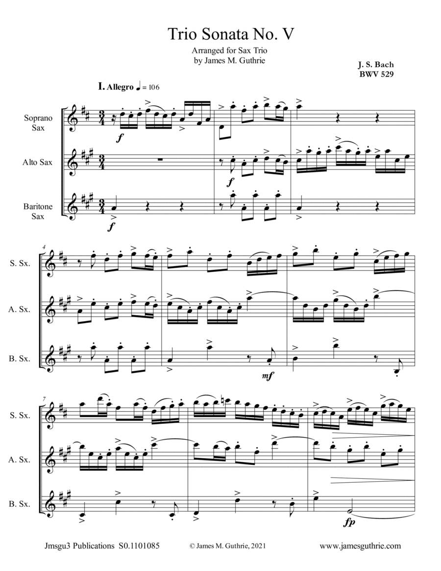 BACH: Trio Sonata No. 5 BWV 529 for Saxophone Trio (arr. James M. Guthrie)