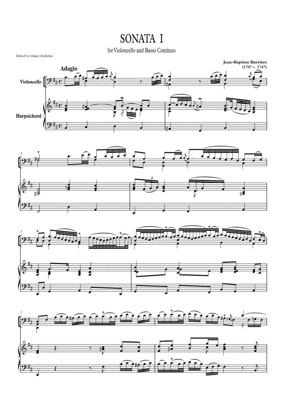Jean-Baptiste Barrière. Sonata N.1 for Violoncello and Basso Continuo (arr. Grigor Arakelian)