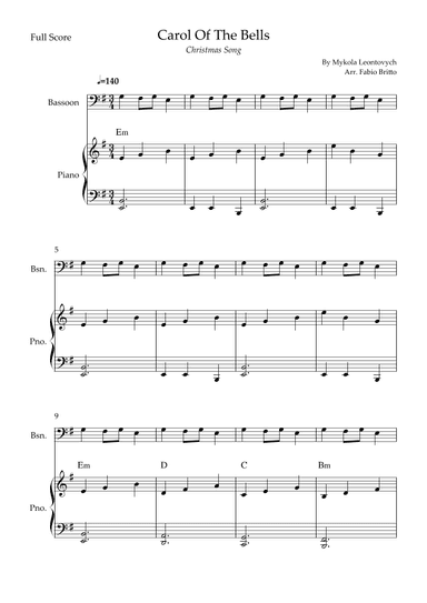 Carol Of The Bells (Christmas Song) for Bassoon Solo and Piano Accompaniment with Chords (arr. Fabio Britto)