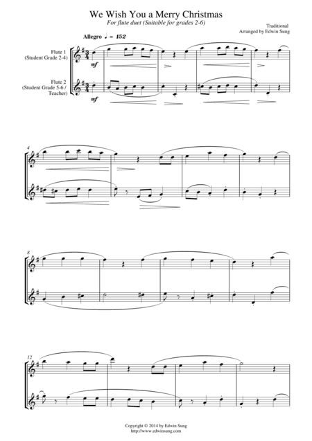 We Wish You a Merry Christmas (for flute duet, suitable for grades 2-6) (arr. Edwin Sung)