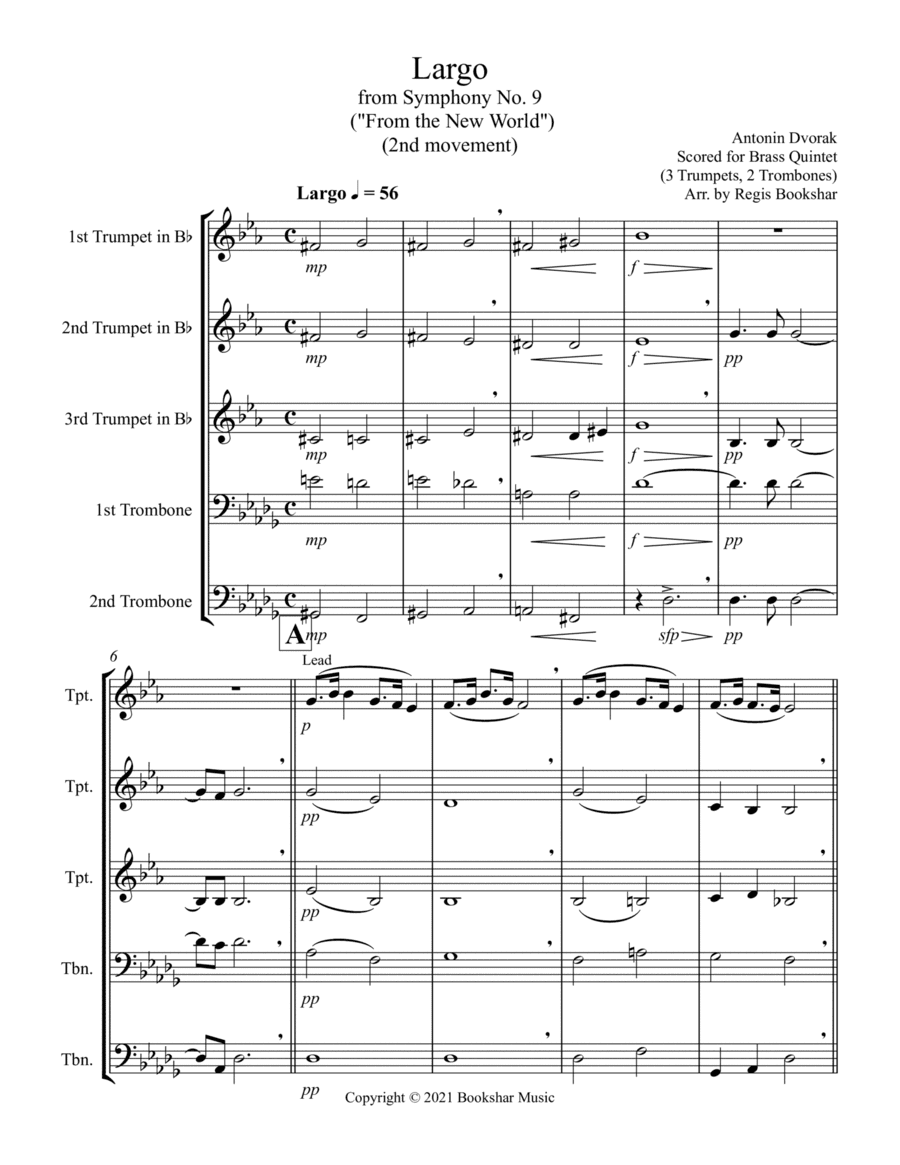Largo (from "Symphony No. 9") ("From the New World") (Db) (Brass Quintet - 3 Trp, 2 Trb) (arr. Regis Bookshar)