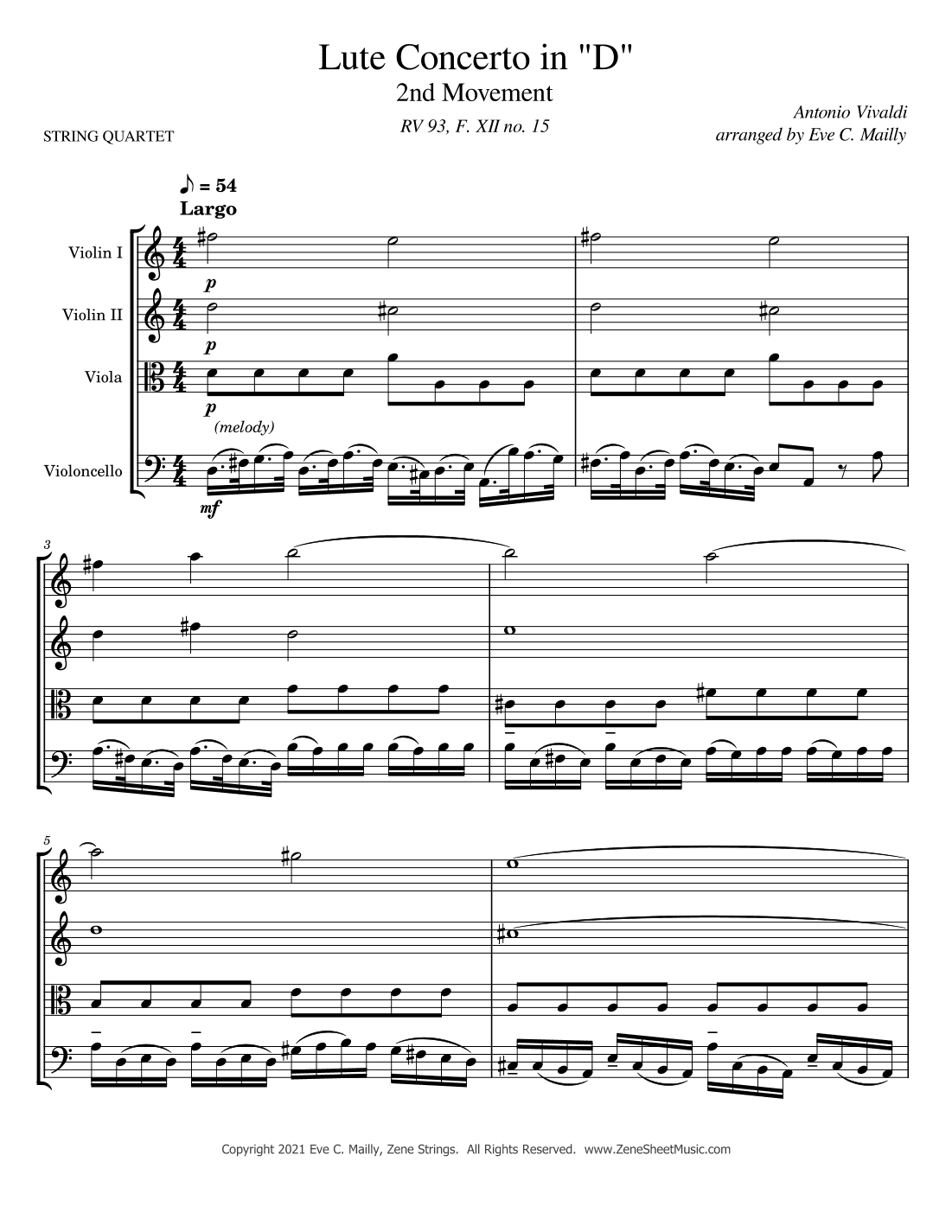 Concerto in D, RV 93 - 2nd Movement - Largo - Vivaldi (String Quartet) (arr. Eve C. Mailly - Zene Strings)