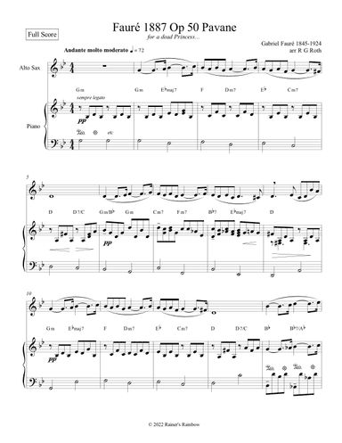 Fauré 1887 Op 50 Pavane Alto Sax or Tenor Sax Solo (arr. R G Roth)