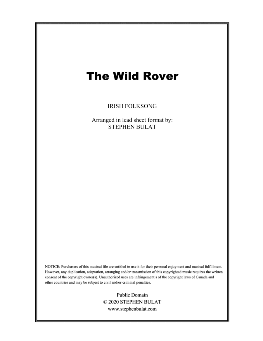 The Wild Rover (Irish Folk Song) - Lead sheet (key of A) (arr. Stephen Bulat)
