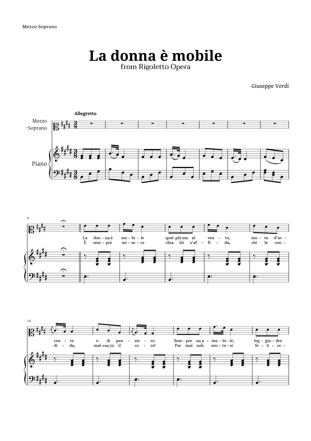La donna è mobile in E major for Mezzo Soprano and Piano (arr. Langanho)