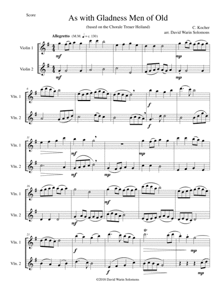 Variations on "As with gladness men of old" ("Treuer Heiland, wir sind da") for violin duo (arr. David Warin Solomons)
