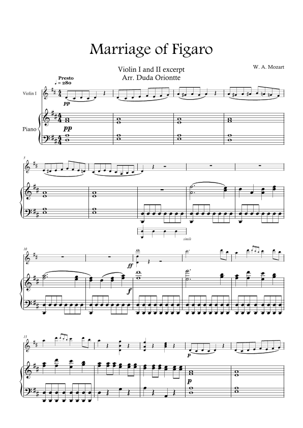 Violin I EXCERPT - Mozart - Marriage of Figaro (with PIANO) (arr. Duda Oriontte)