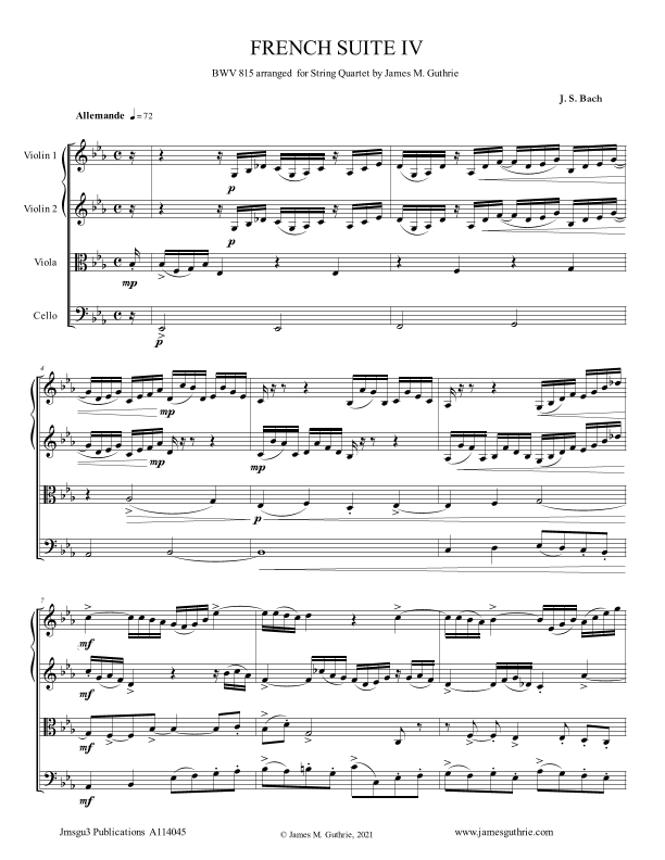 BACH: French Suite No. 4 BWV 815 for String Quartet (arr. James M. Guthrie)