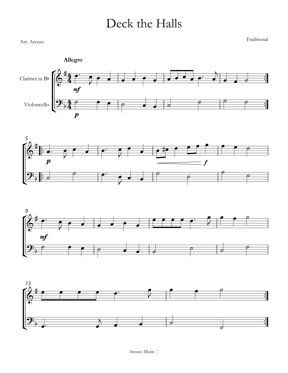 deck the halls sheet music arrangement for Clarinet and Cello (arr. Arezzo Music)