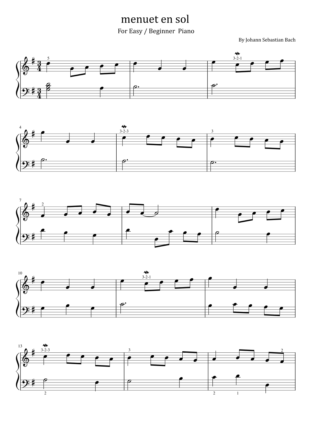 J.S. Bach - menuet en sol - For Easy / Beginner Piano With Finger (arr. poon)