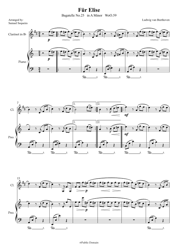 Für Elise (For Elise) - for Clarinet in Bb and Piano accompaniment - with Piano Play along (arr. Samuel Sequeira)
