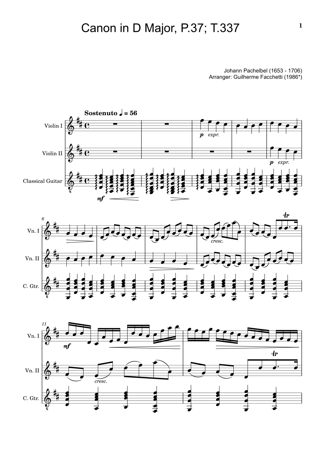 Johann Pachelbel - Canon in D Major, P.37; T.337. Arrangement for Violin Duet and Classical Guitar. (arr. Guilherme Facchetti)
