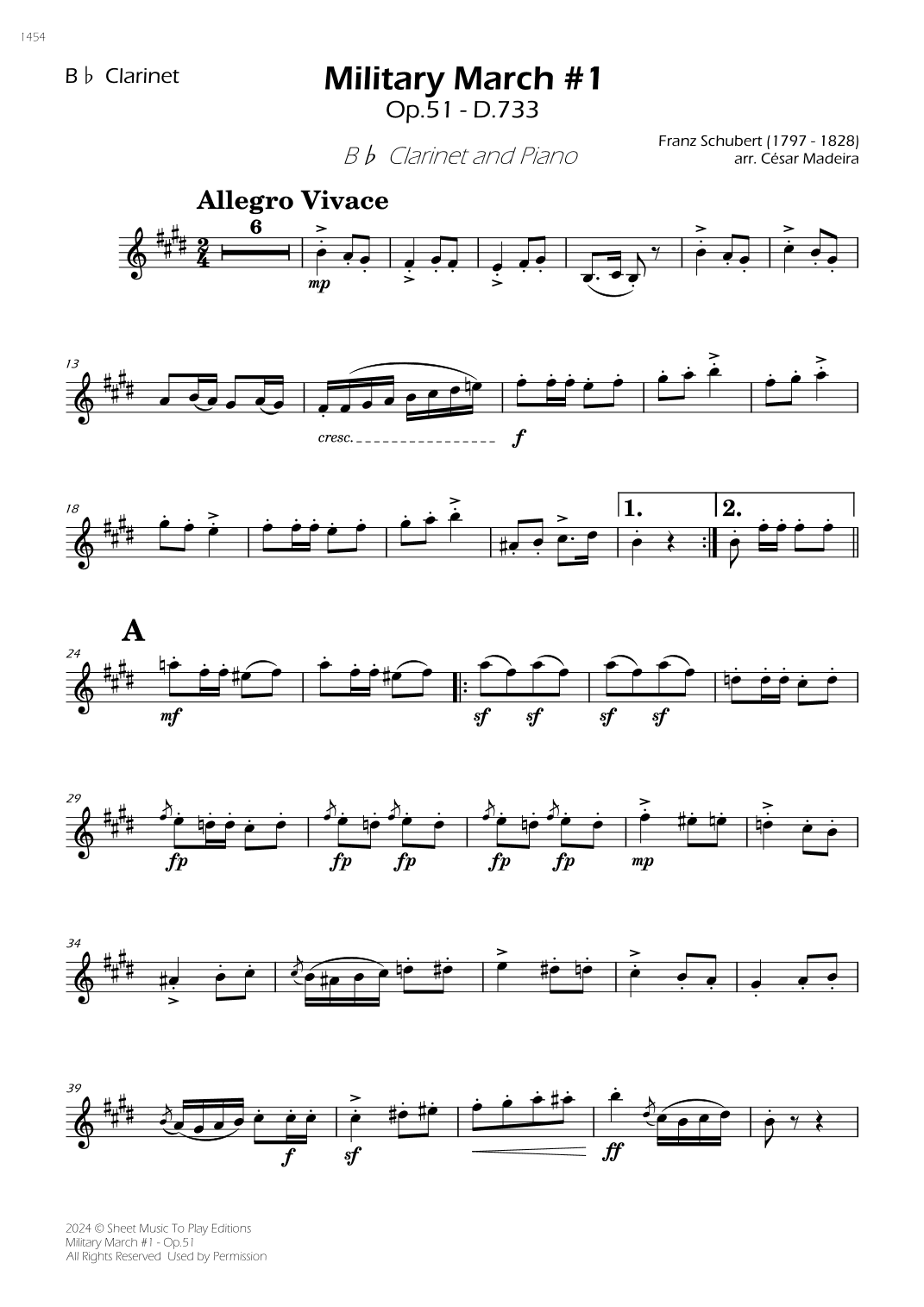 Military March No.1, Op.51 - Bb Clarinet and Piano (Individual Parts) (arr. César Madeira)