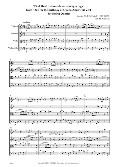 'Kind Health descends on downy wings' from 'Ode for the birthday of Queen Anne' HWV.74 for String Qu (arr. Mikio Kamada)