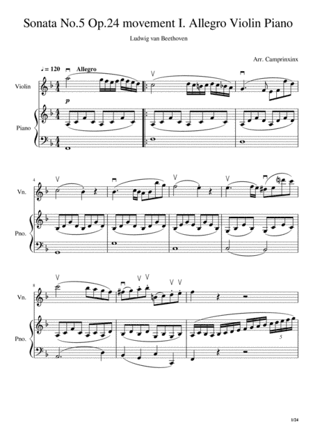 Beethoven Sonata No.5 Op.24 1st Movement. Allegro Violin Piano (arr. camprinxinx)