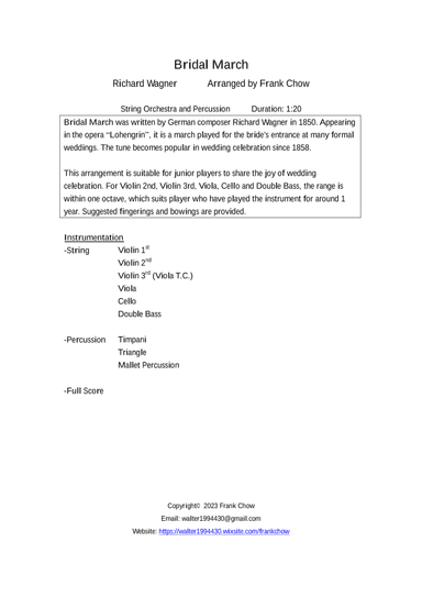 Bridal March (for string orchestra and percussion) (arr. Frank Chow)