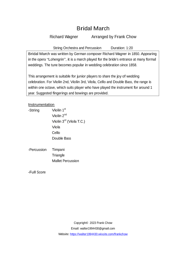 Bridal March (for string orchestra and percussion) (arr. Frank Chow)