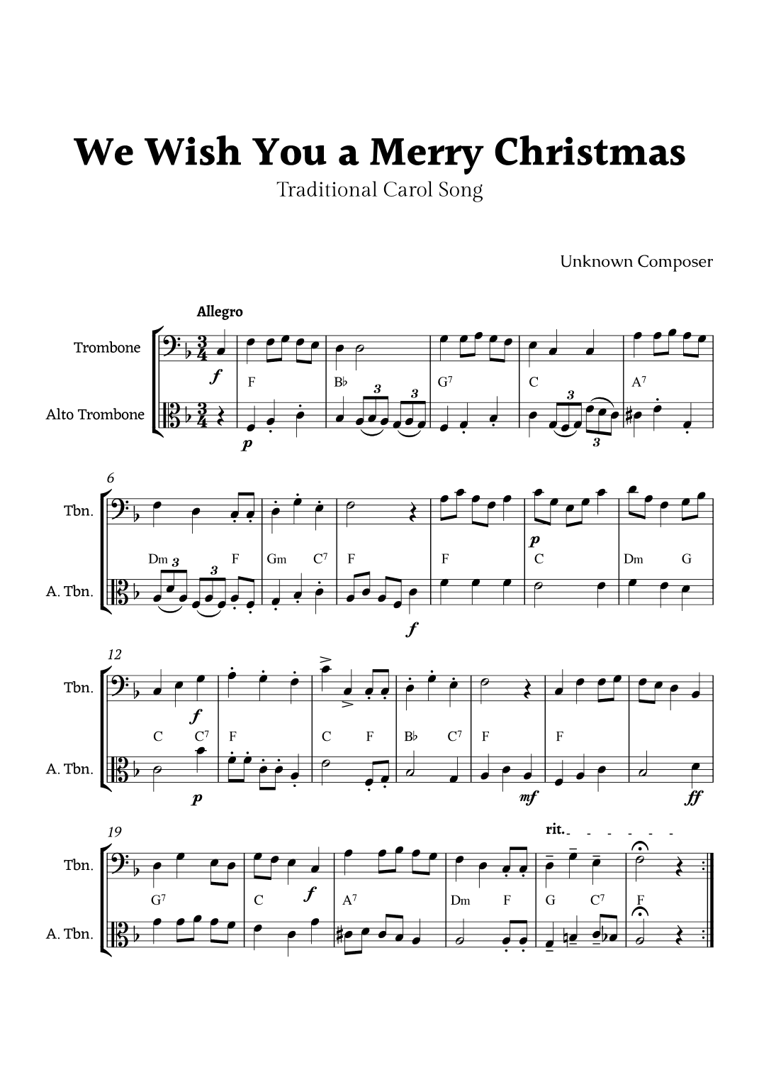 We Wish you a Merry Christmas for Trombone and Alto Trombone Duet with Chords (arr. Rika K.)