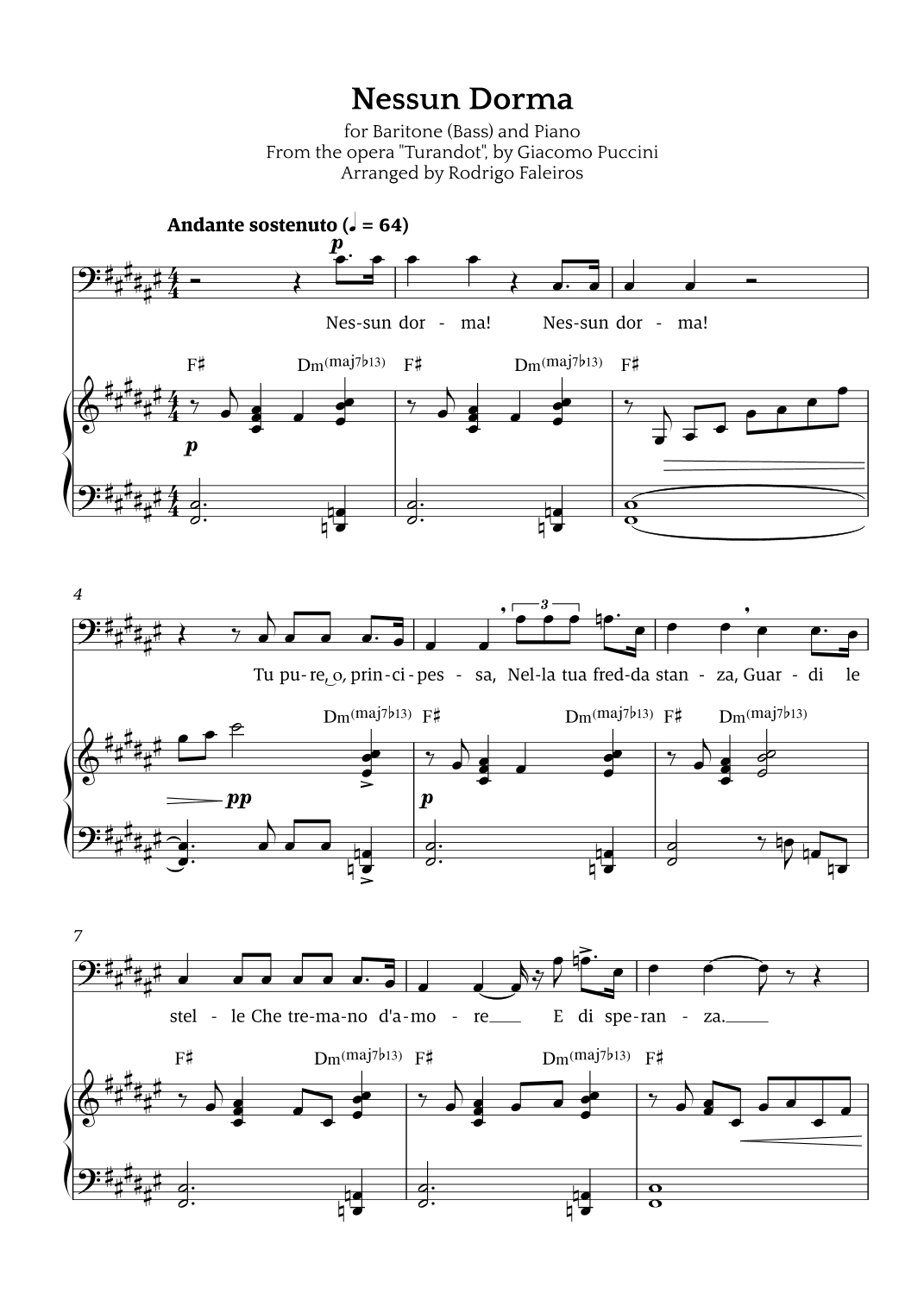 Nessun Dorma (for baritone or bass and piano) (arr. Rodrigo Faleiros)