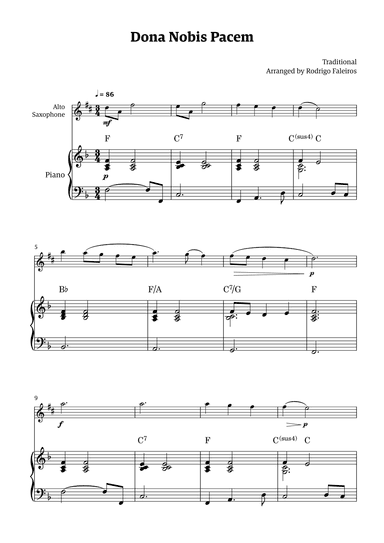 Dona Nobis Pacem - for alto saxophone (with piano accompaniment with chords) (arr. Rodrigo Faleiros)