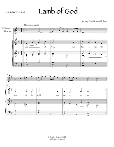 Heritage Mass Parts, "Lamb of God" Trumpet Descant & Organ (arr. Brooks Holmes)
