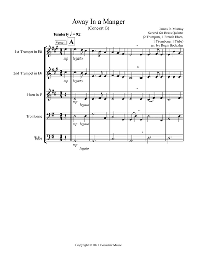 Away in a Manger (G) (Brass Quintet - 2 Trp, 1 Hrn, 1 Trb, 1 Tuba) (arr. Regis Bookshar)