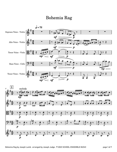 Bohemia Rag by Joseph Lamb for String Quartet in Schools (arr. Joseph Judge)