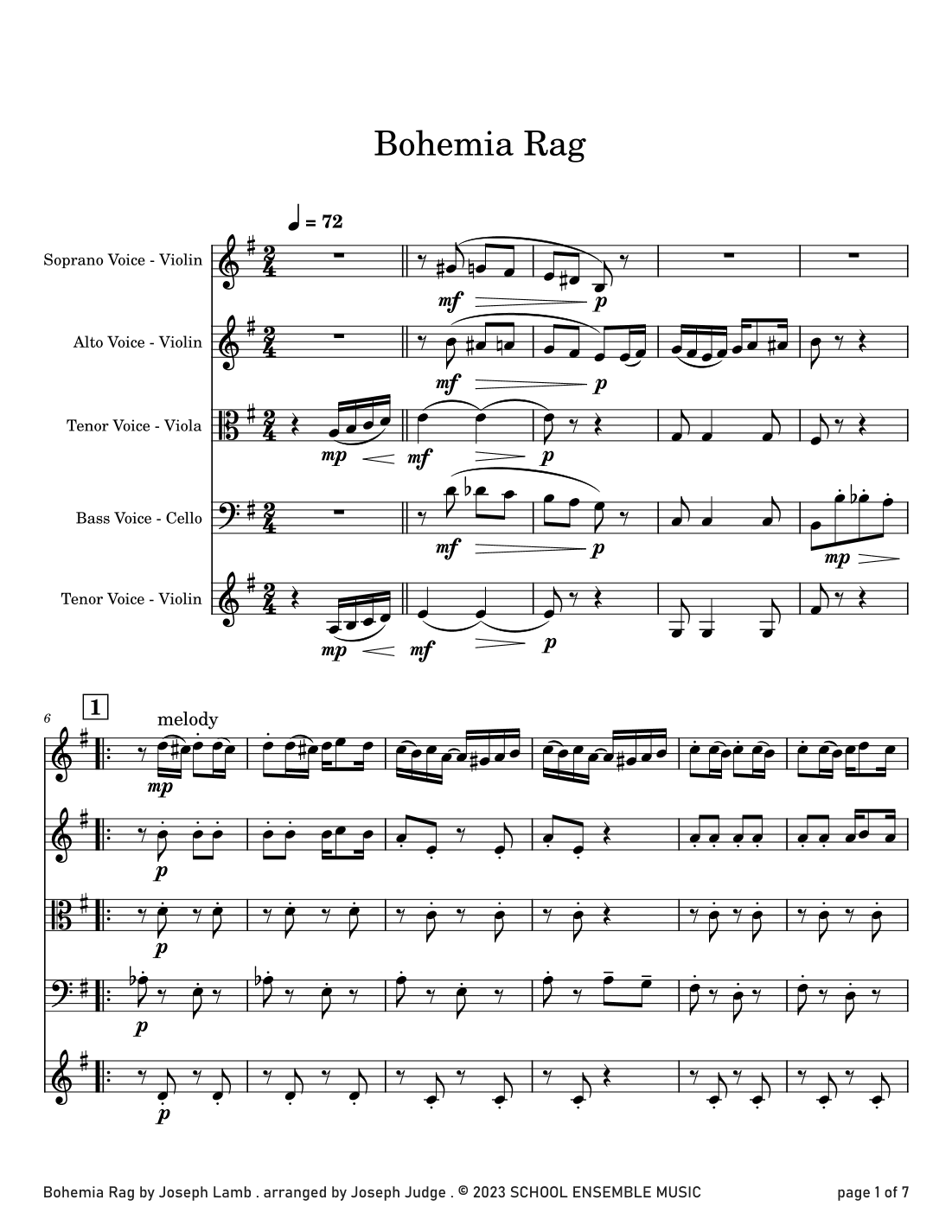 Bohemia Rag by Joseph Lamb for String Quartet in Schools (arr. Joseph Judge)