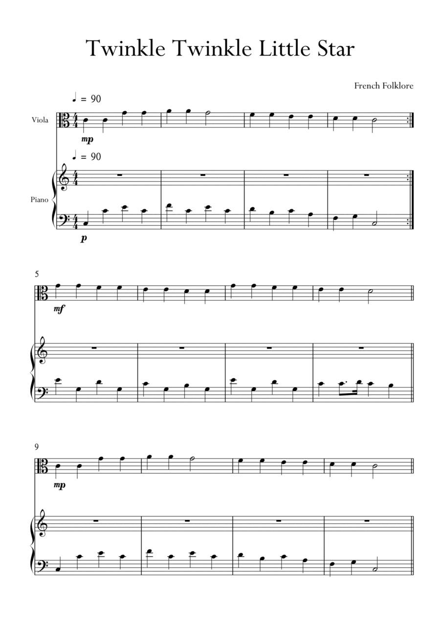 Twinkle Twinkle Little Star for Viola and Piano in B Major. Very Easy. (arr. Matheus Araújo)