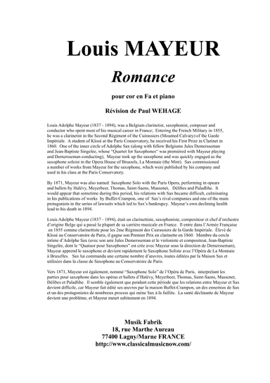 Louis Mayeur : Romance for F horn and piano (arr. Paul Wehage)