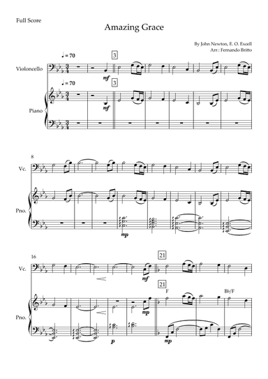 Amazing Grace for Cello Solo and Piano Accompaniment with Chords (arr. Fernando Britto)