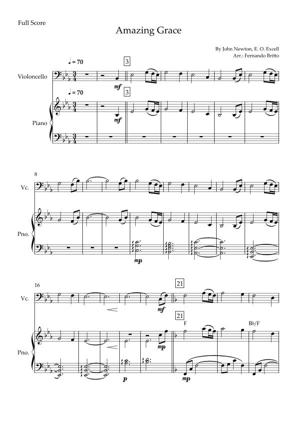 Amazing Grace for Cello Solo and Piano Accompaniment with Chords (arr. Fernando Britto)