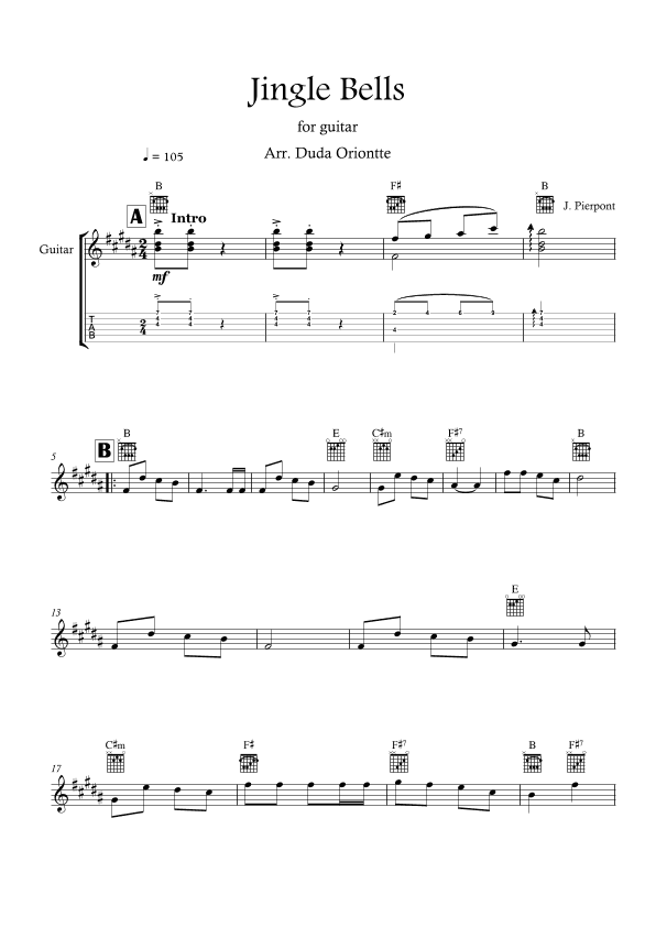 Jingle Bells (B major - TABS - no lyrics) (arr. Duda Oriontte)