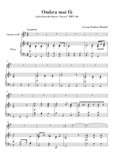 Ombra mai fu (for Clarinet Bb and Piano) (arr. Ahiva Editions)