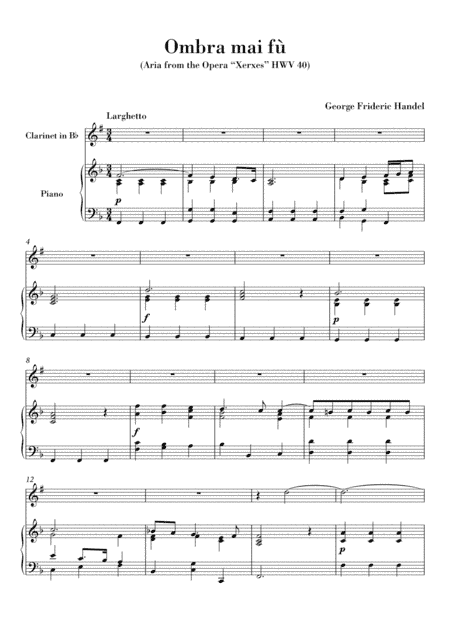 Ombra mai fu (for Clarinet Bb and Piano) (arr. Ahiva Editions)