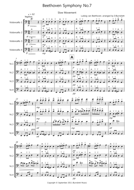 Beethoven Symphony No.7 (slow movement) for Cello Quartet (arr. David Burndrett)