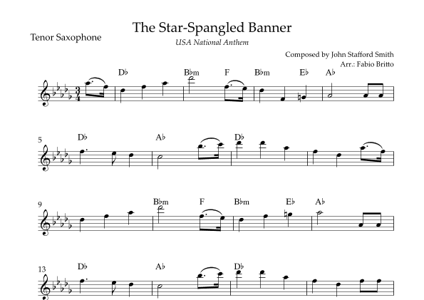 The Star Spangled Banner (USA National Anthem) for Tenor Saxophone Solo with Chords (B Major) (arr. Fabio Britto)