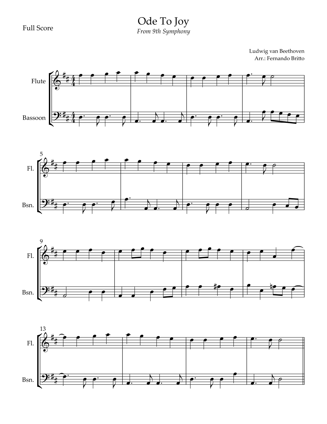 Ode To Joy Theme (from Beethoven's 9th Symphony) for Flute & Bassoon Duo (arr. Fernando Britto)