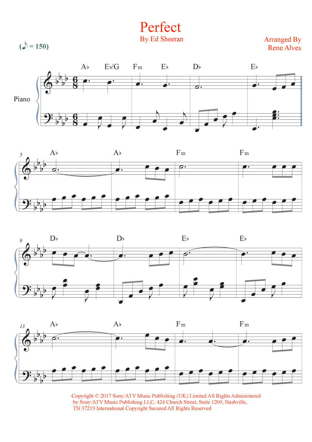 Perfect (arr. Rene Alves Piano sheet music (perfect music - Ed Sheeran). the score is in full)