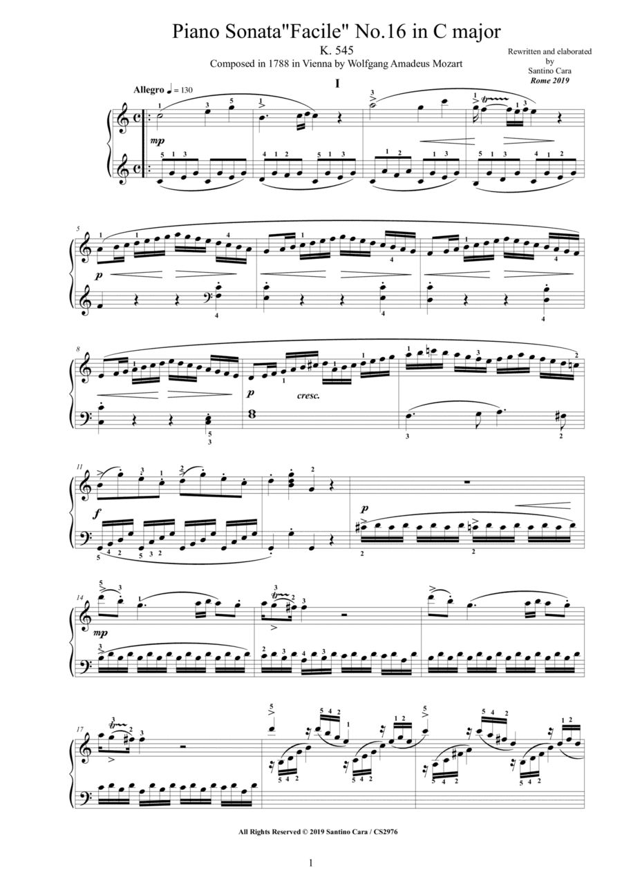 Mozart - Piano Sonata 'Facile' No.16 in C major K 545 - Complete score (arr. Santino Cara)