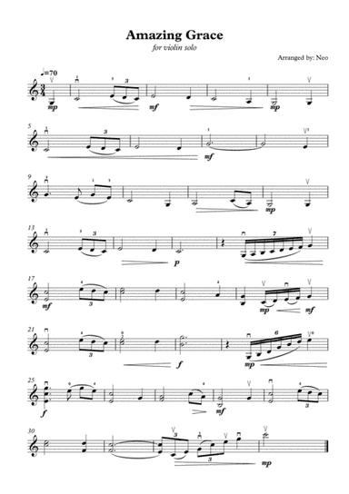 Amazing Grace ( for Violin Solo , unaccompaniment ) ( Intermediate Level ) (arr. Neo)