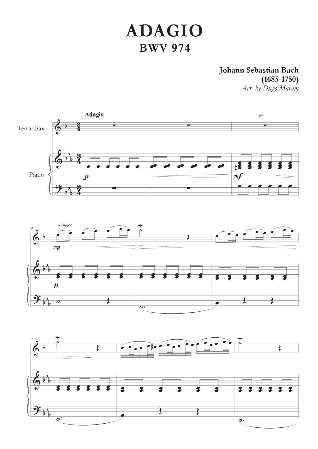 Adagio from BWV 974 for Tenor Saxophone and Piano (arr. Diego Marani)