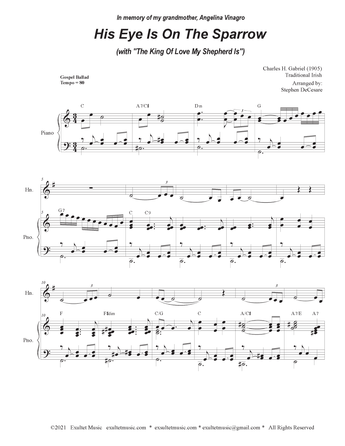 His Eye Is On The Sparrow (with "The King Of Love My Shepherd Is") (French Horn solo and Piano) (arr. Stephen DeCesare)