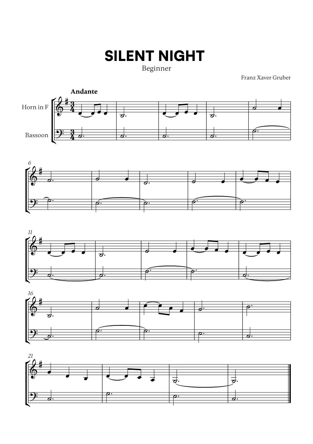 Silent Night (Beginner) (for French Horn and Bassoon) (arr. Cadenza Editions)